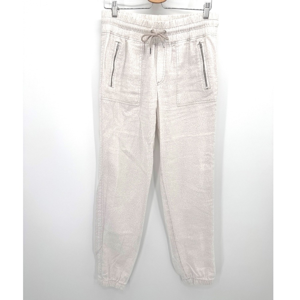 Athleta Womens Jogger Pants 8 Tall Beige Leopard Print Drawstring Zipper Pockets
